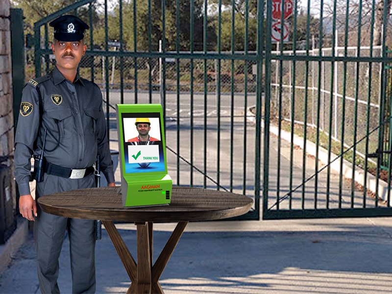 kiosk placed at entry gate near guard