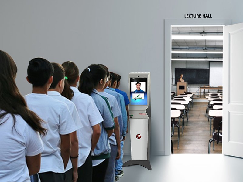 A queue infront of floor standing kiosk outside room