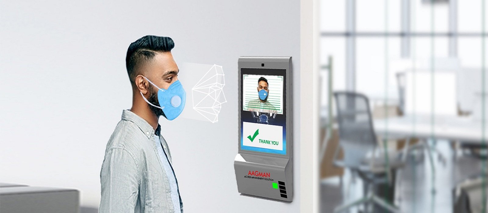 person standing infront of wall mount kiosk with mask and his presence marked